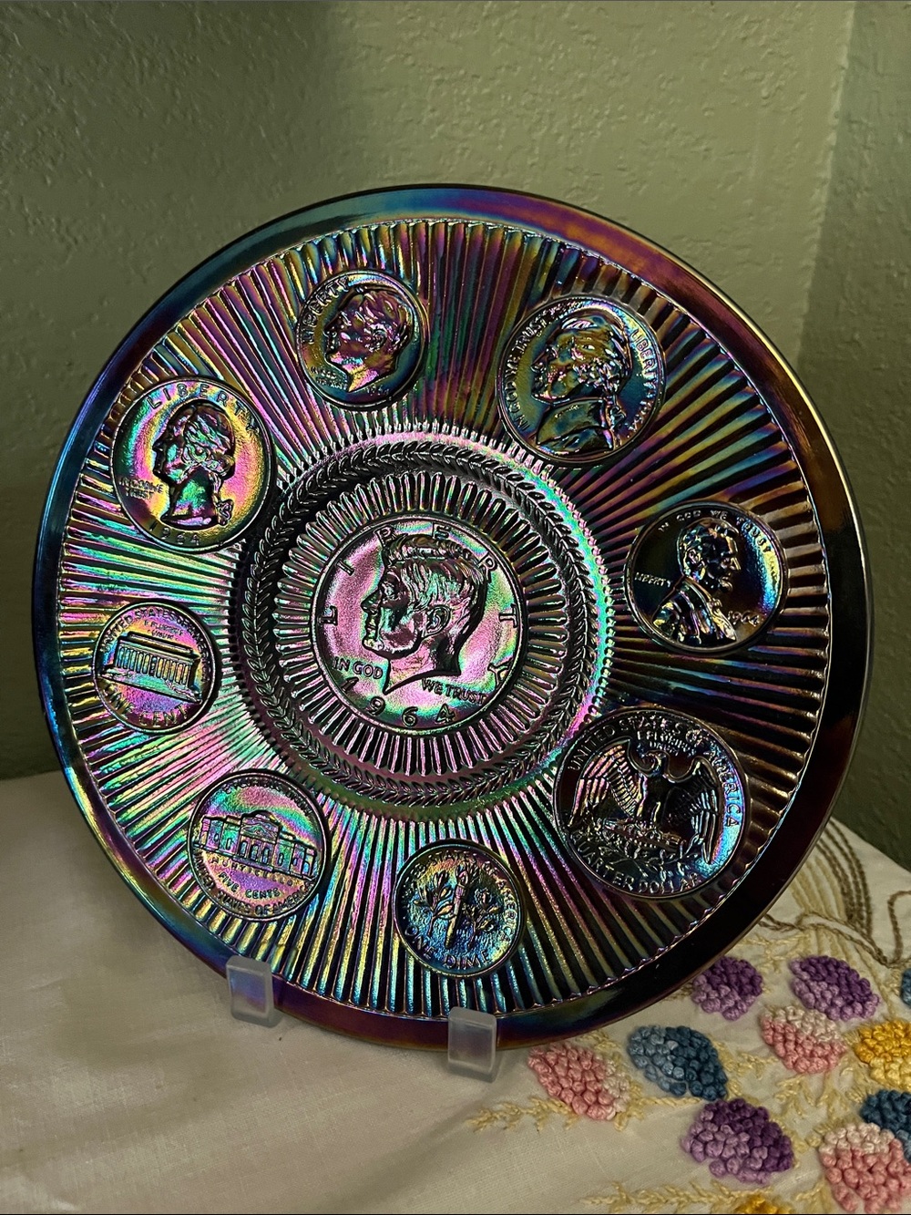 Carnival Glass Amethyst Kennedy Half Dollar Commemorative Plate